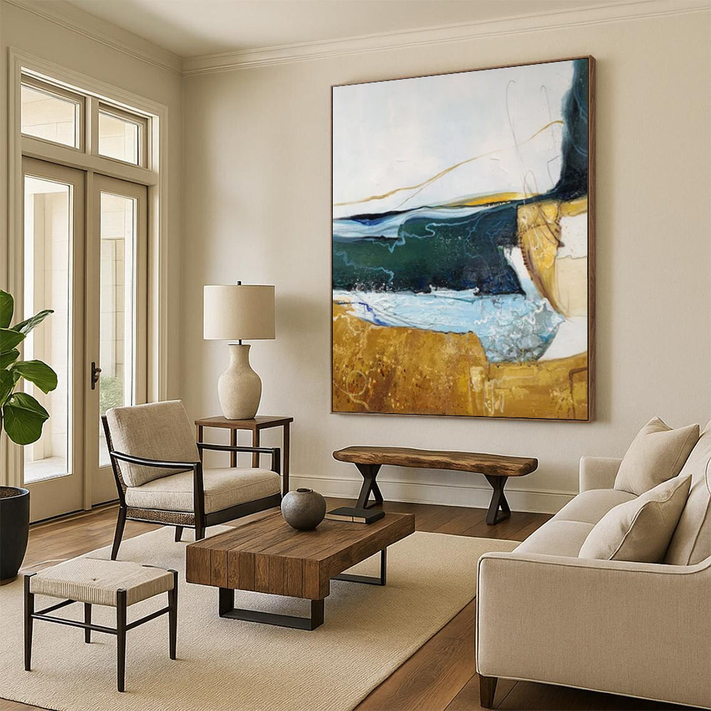 “Green - Gold - Blue Abstract 2” - Mixed - Media Abstract Painting On Canvas PT2337