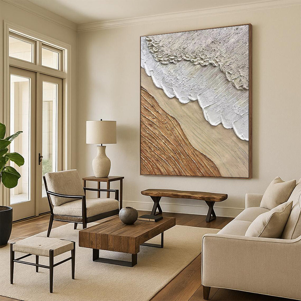 “Neutral Textured Layers” - Beige, White, Brown Abstract Impasto Painting On Canvas PS0721