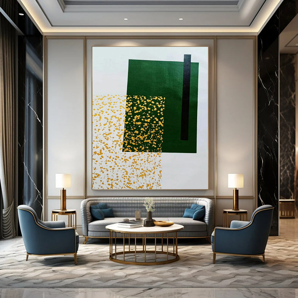 Green, Black, Yellow with Abstract Forms "Green Spark" Abstract Painting On Canvas PS1328