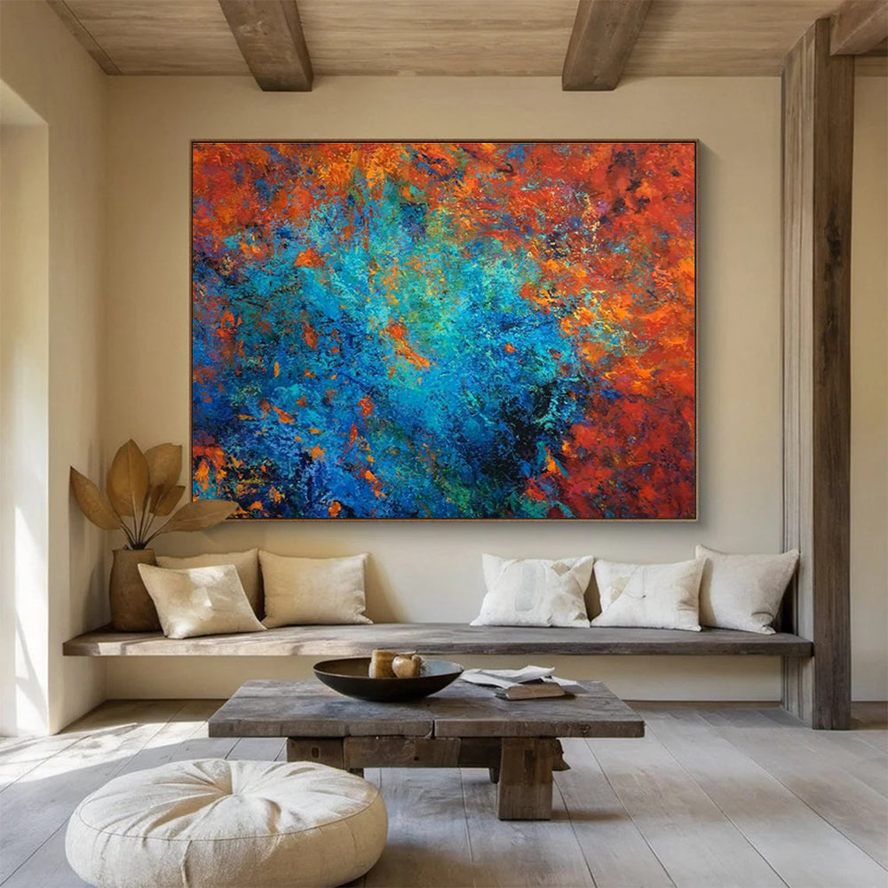 “Fiery Blue Abstract Burst” - Red, Blue & Orange Abstract, Energetic Acrylic Painting On Canvas DKS723