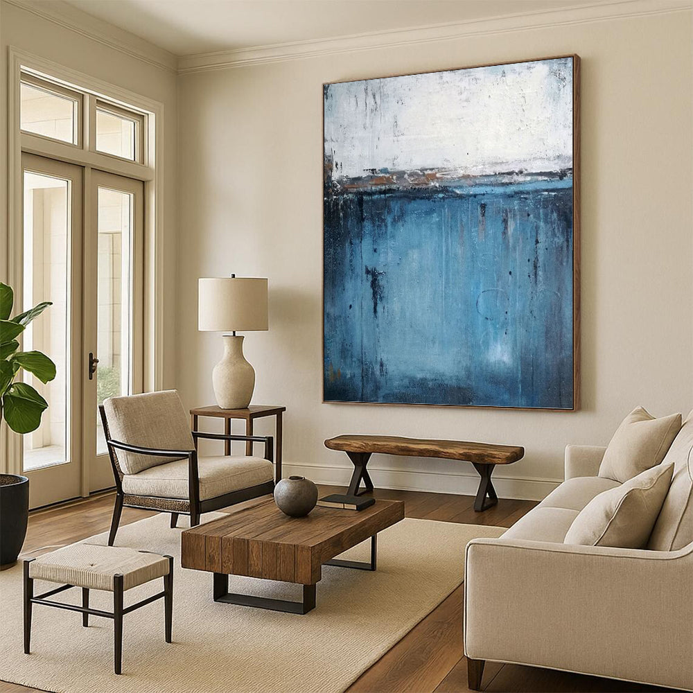 “Blue and White Abstract Horizon” - Minimalist, Serene - Styled Painting On Canvas PT1558