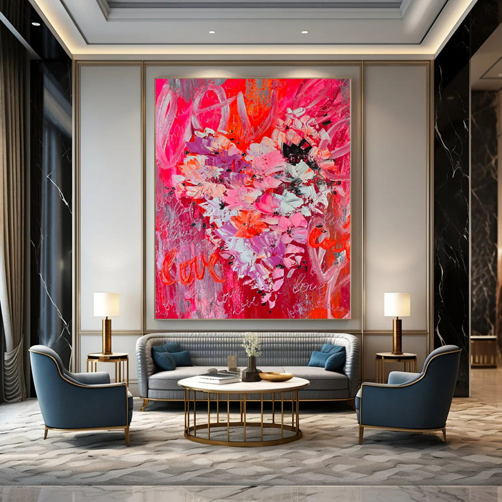 Pink, Purple, White with Floral and “Love” Motifs "Blush Love Bouquet" Romantic Painting On Canvas PS1197