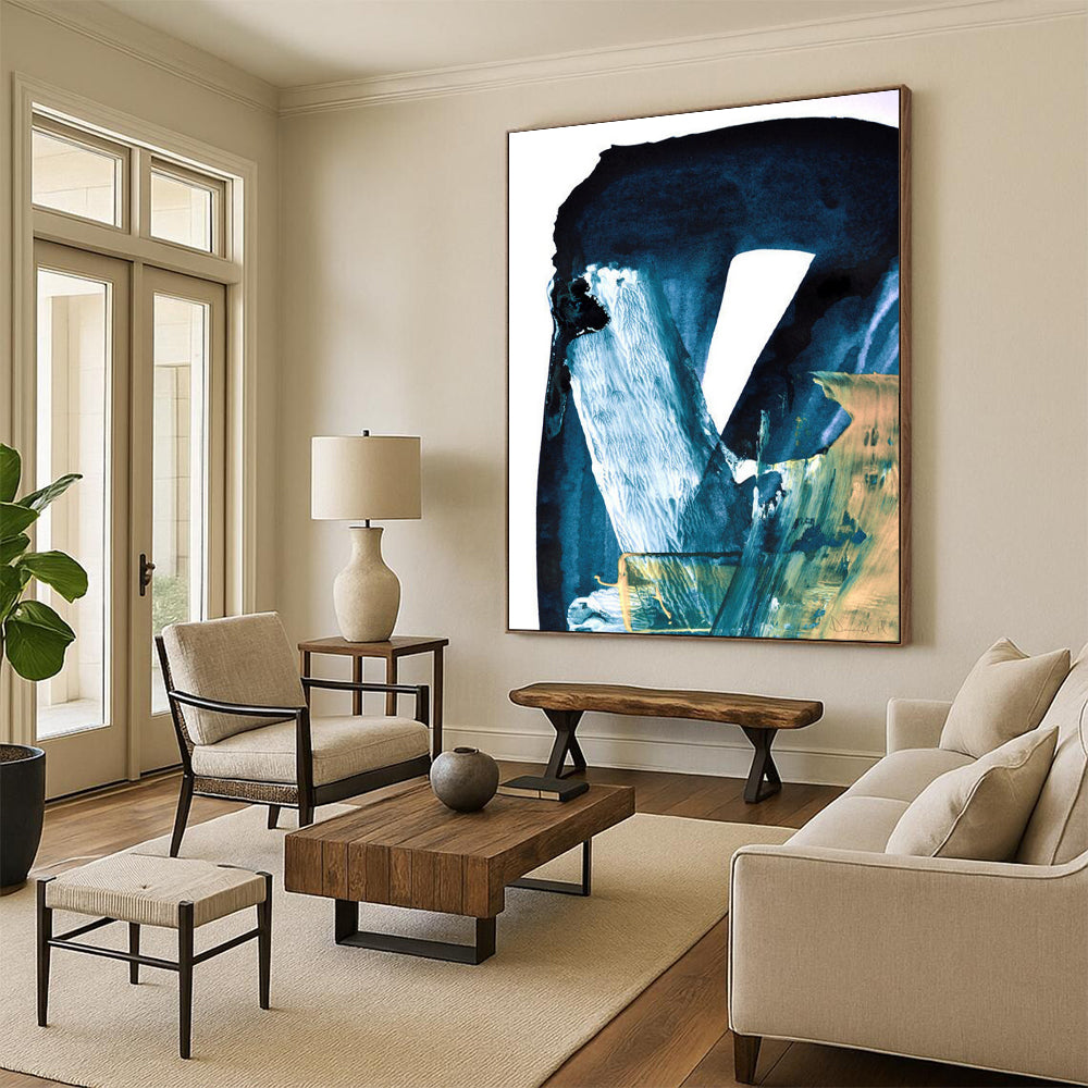 “Blue & Gold Abstract Fusion” - Deep Blues & Metallic Accents Painting On Canvas DS190