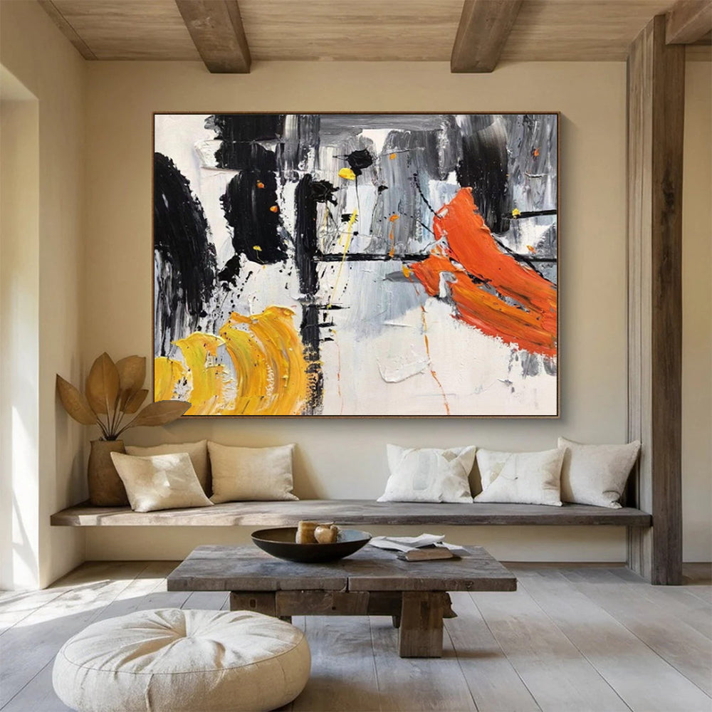 “Bold Black, Yellow, and Orange” Abstract Painting On Canvas DKS187