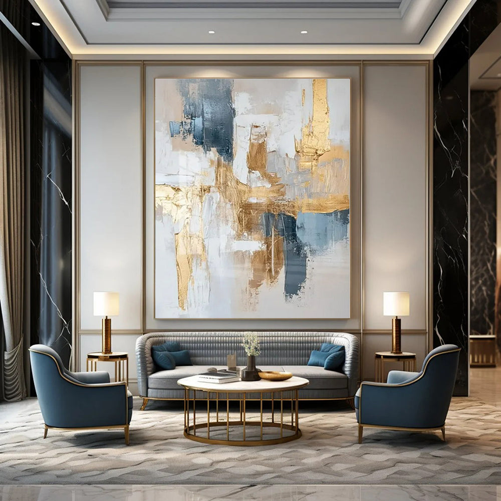 Gray, Gold, Blue with Abstract Layers "Gilded Mornings" Abstract Painting On Canvas PS1269