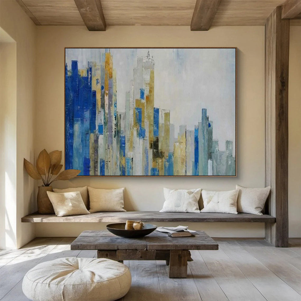 “Blue - Gold Abstract Cityscape” - Metallic Accents “Urban Skyline” Painting On Canvas PT1659