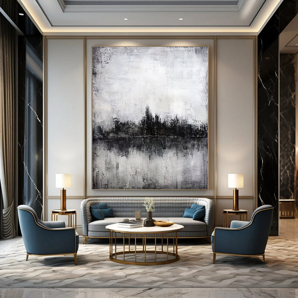 Black, White and Gray with Subtle Landscape Hints "Misty Reflection" Abstract Landscape Painting On Canvas PS1147