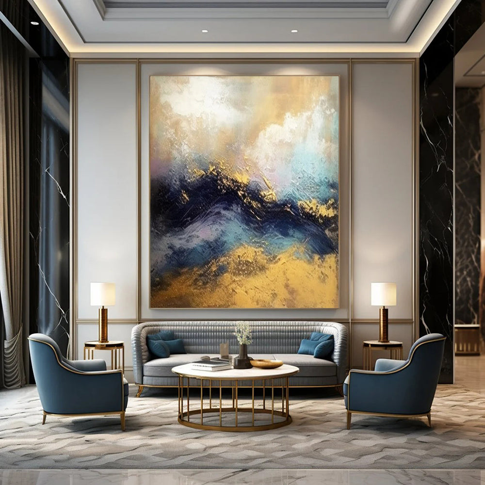 Blue - Purple Waves with Gold, "Gilded Surf" – Abstract Seascape Painting On Canvas PS0920