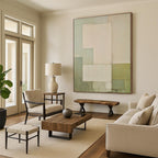 “Pale Green Geometry” - Pale Green, Beige Abstract Geometric Painting On Canvas PS0399