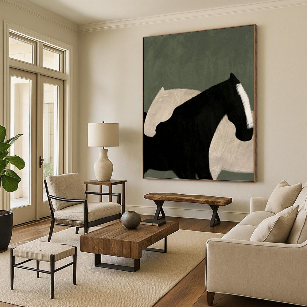 “Abstract Black & White Horses on Green” - Abstract - Inspired Animal Painting On Canvas PT1411