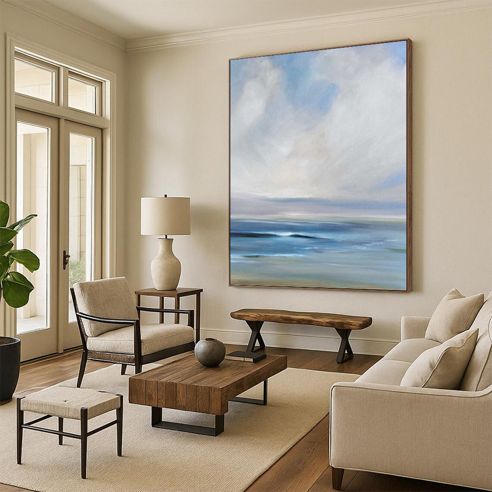 “Calm Sea and Sky: Blue - White Impressionistic Landscape” - Serene Coastal Painting On Canvas PT0957