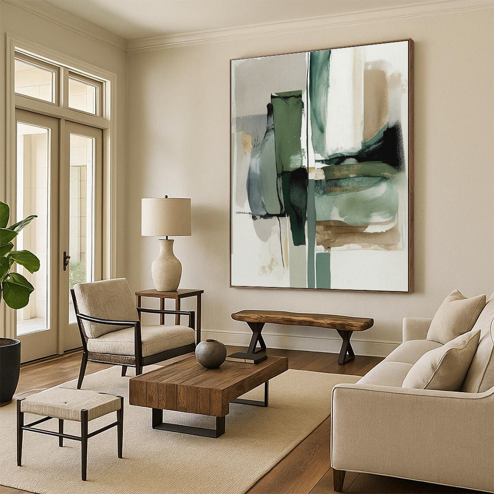 “Green & Gray Abstract Fusion” - Green, Gray, White, Gold Abstract Painting On Canvas PS0763