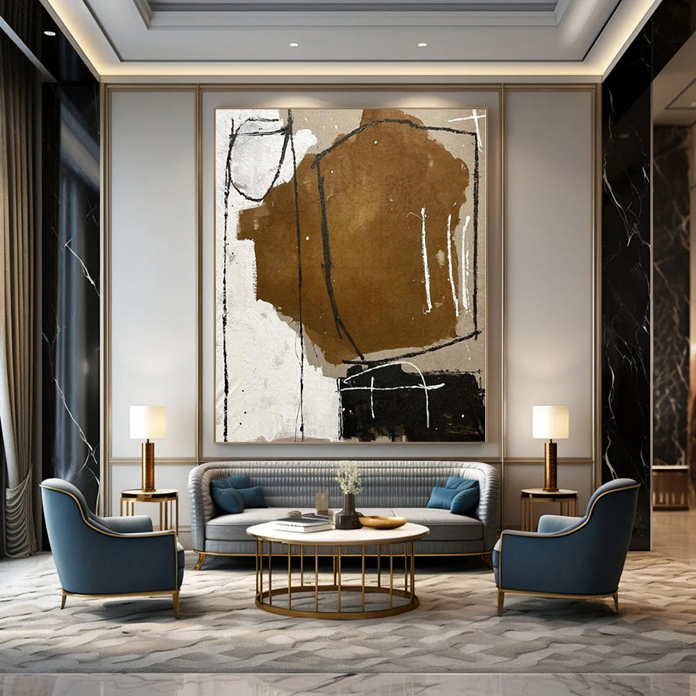 Brown, White and Black with Raw Brushstrokes "Rustic Sketch" Abstract Painting On Canvas PS1125