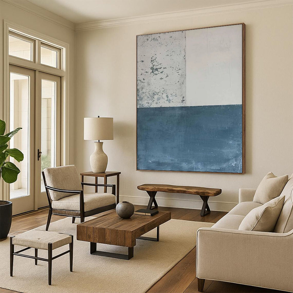 Blue - Gray Minimalist Blocks Textured Painting On Canvas DS085