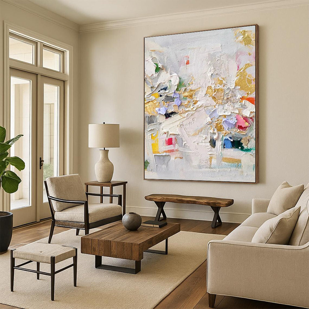 “Colorful Textured Chaos” - Multicolor, Gold Abstract Impasto Painting On Canvas PS0714