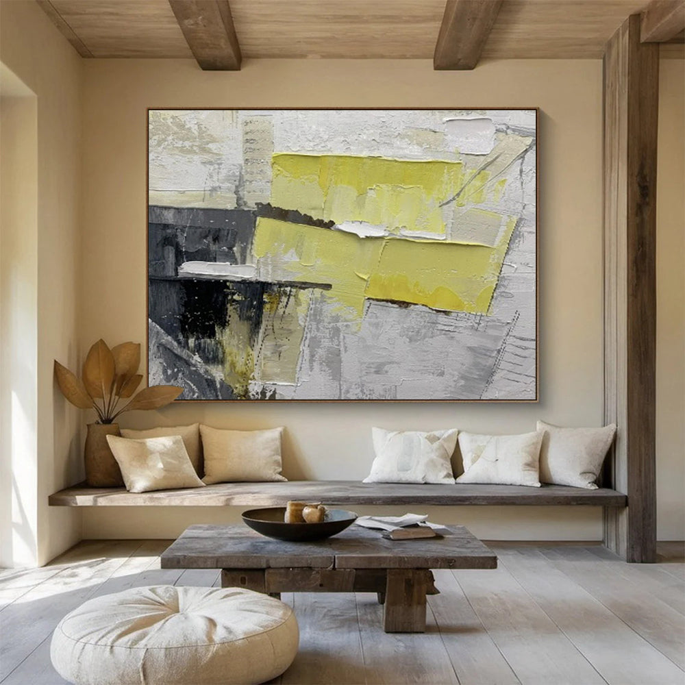 “Yellow and Gray Abstract Collage” - Abstract Mixed - Media Painting, Perfect for Office & Studio DKS595