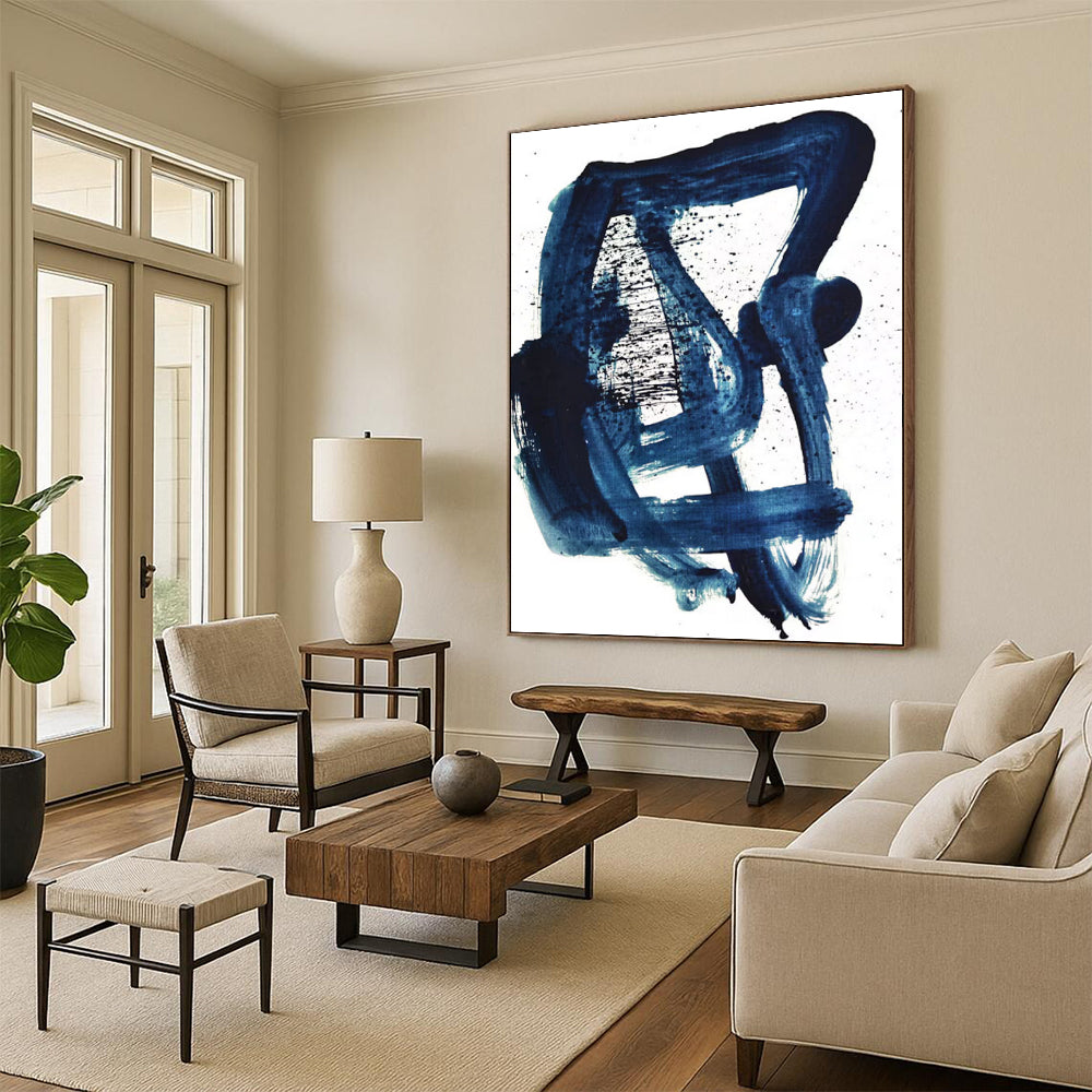 “Indigo Ink Abstraction” - Deep Blue Brushstrokes & Splatters Painting On Canvas DS161