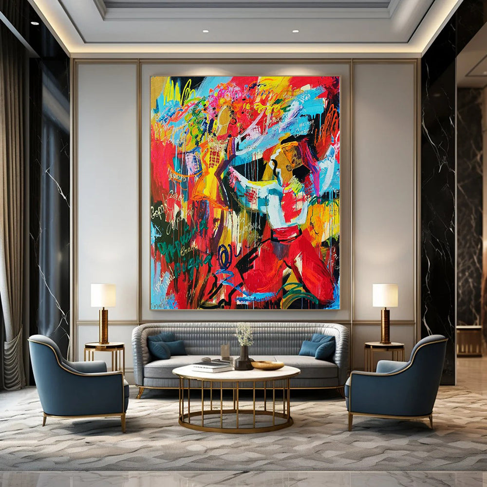 Colorful, Energetic Brushstrokes with Figures "Fiesta Fun" Abstract Expressionist Painting On Canvas PS1192