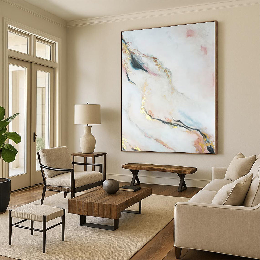 “Pink, Gold & Blue Marble - Like” - Abstract Painting On Canvas PS0433