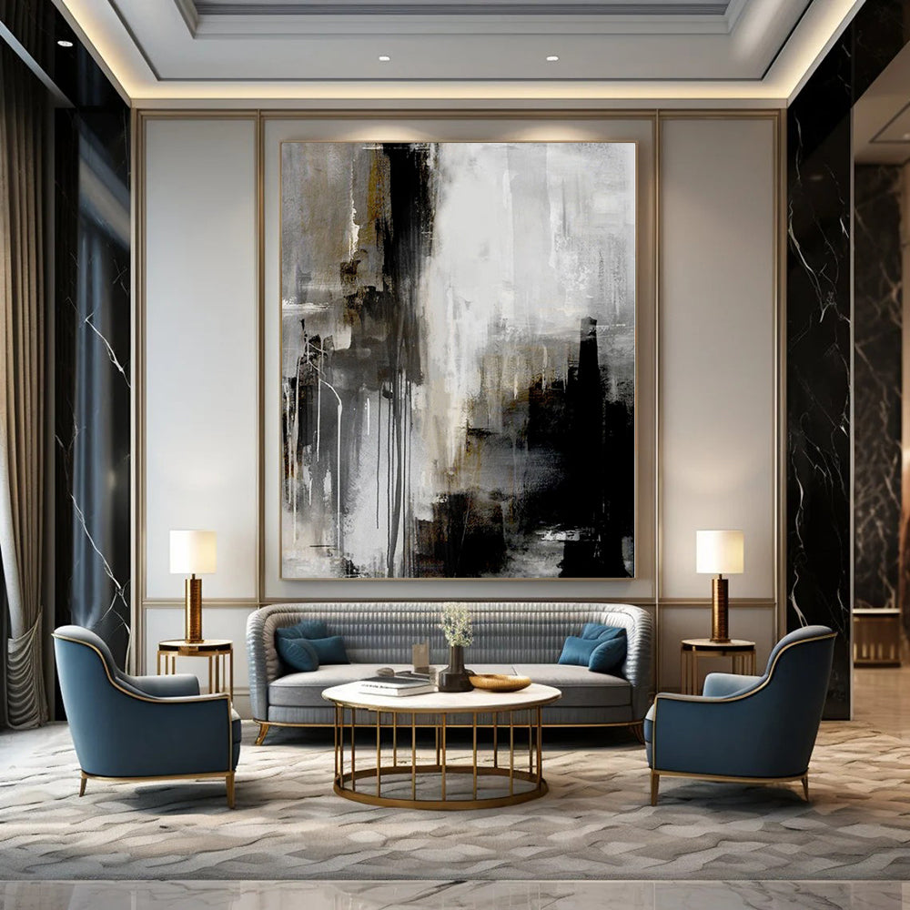 Gray, Black, White and Gold with Dripping Effects "Urban Drizzle" Abstract Painting On Canvas PS1130