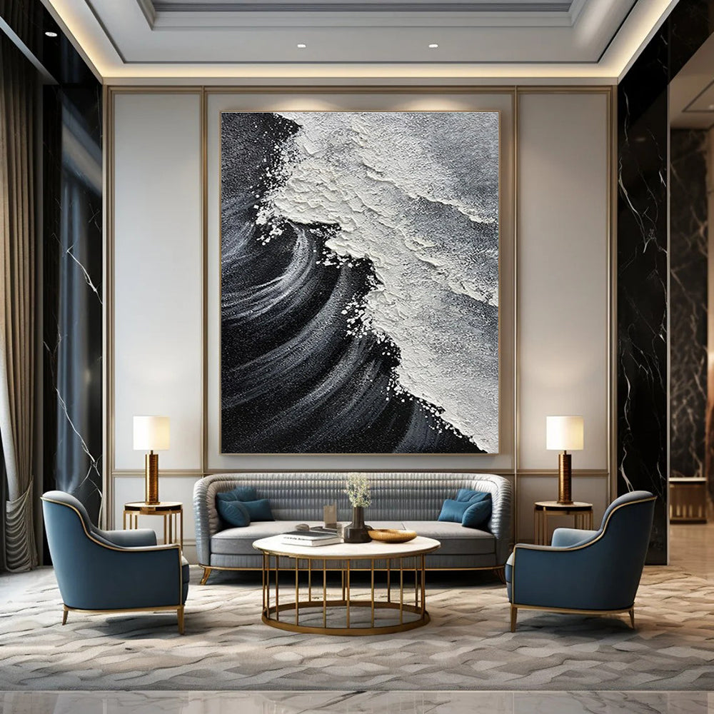 Black, White with Textured Wave "Monochrome Surf" Abstract Painting On Canvas PS1484