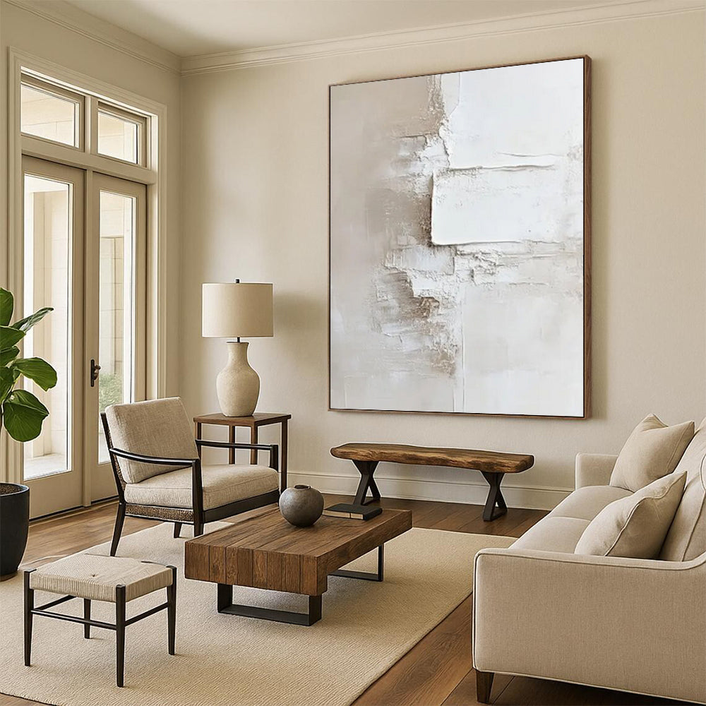 “White and Beige Layered Texture Abstract” - Wabi - Sab Abstract Painting On Canvas PT0978