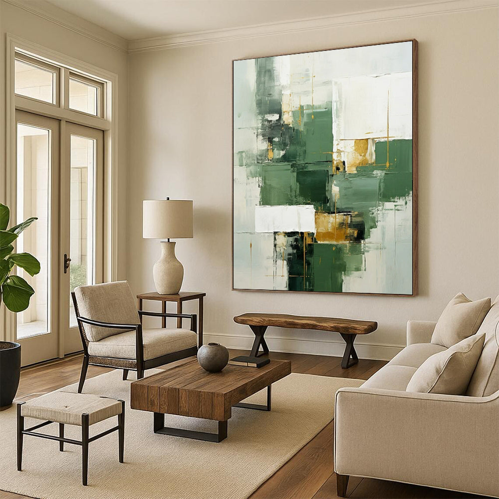 “Green, White, and Gold Abstract” - Cubist Geometric Painting On Canvas PT2292