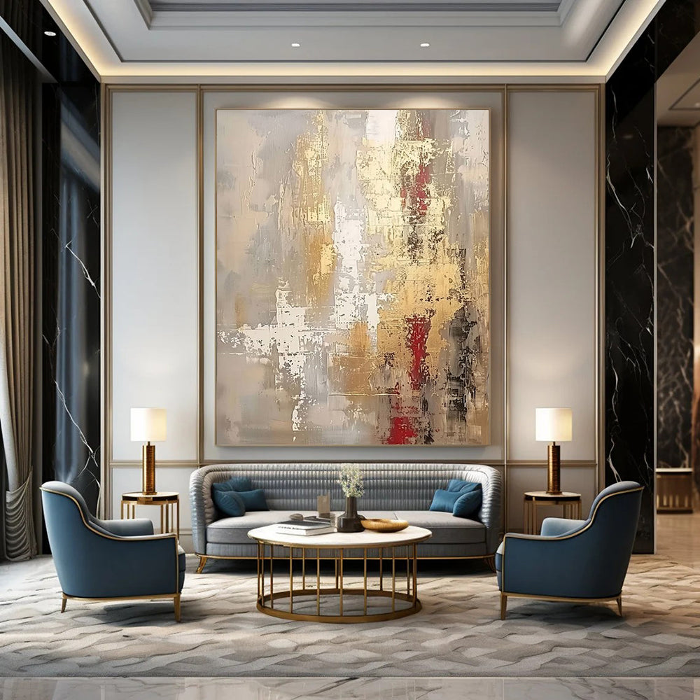 Gray, Gold, White, and Red, "Gilded Ruins" – Abstract Painting On Canvas PS1017