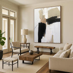 “Beige - Black Minimalist Shapes” - Beige, Black, White Abstract Painting On Canvas PS0504