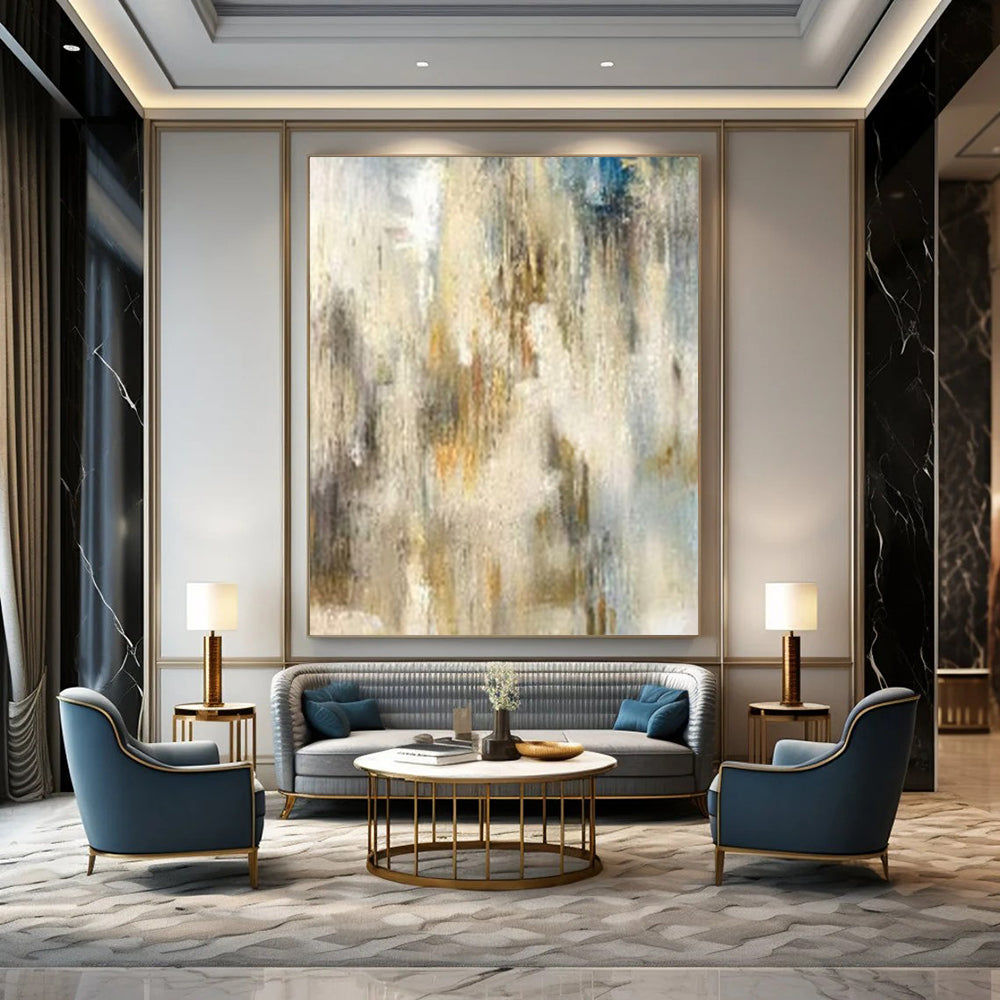 Beige, Blue, and Gold Textured, "Ethereal Haze" – Textured Abstract Painting On Canvas PS1003