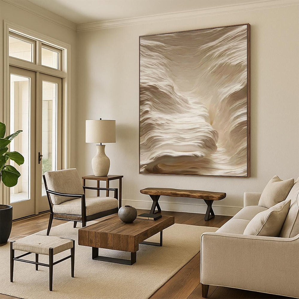 “Cream - Colored Textured Waves” - Minimalist Abstract Painting On Canvas DS023