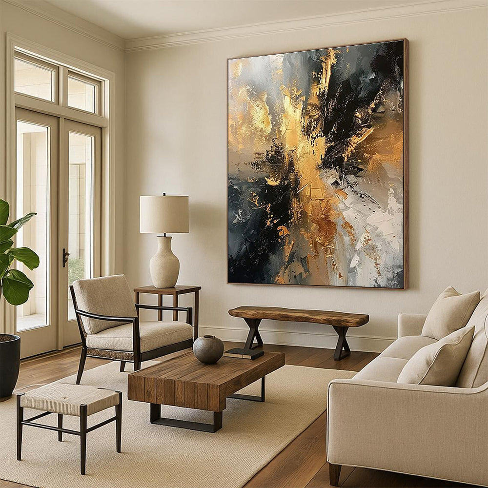 Black, Gray & Gold Dynamic Abstract "Ember Glow" Painting On Canvas PS0861