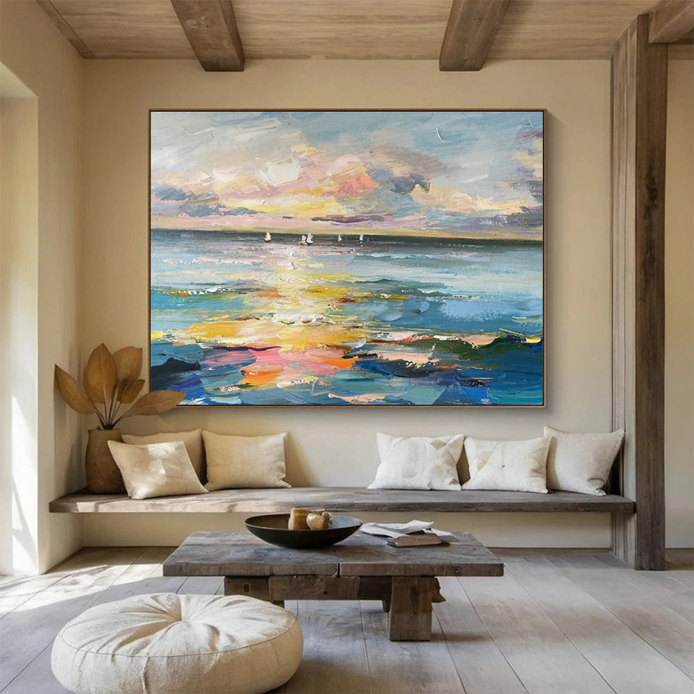 Sunset Sails Over Color - Drenched Sea Impressionist Maritime Painting On Canvas DKS115