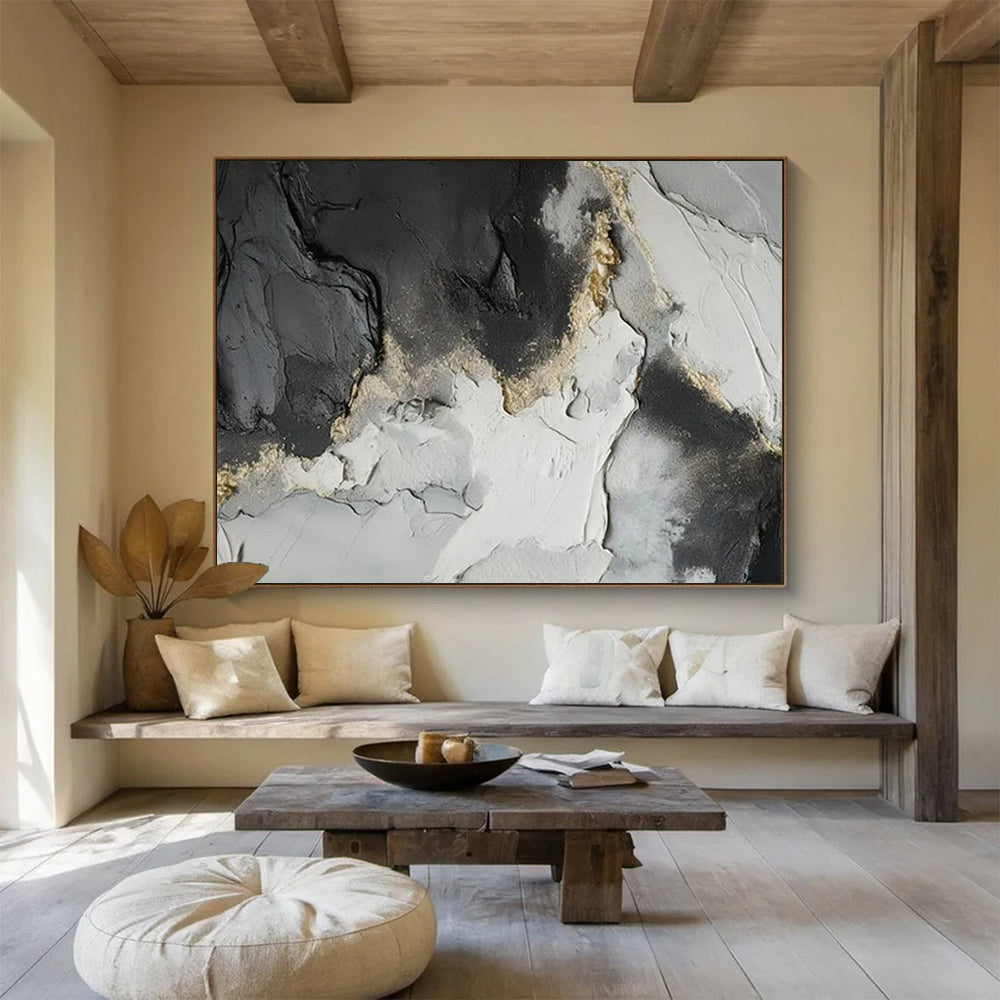 “Black - Gray - Gold Textured Abstract” - Luxe Abstract Painting On Canvas PT1580
