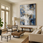 “Blue - Gray - Gold Dynamic Abstraction” - Blue, Gray, Gold Abstract Painting On Canvas PS0537