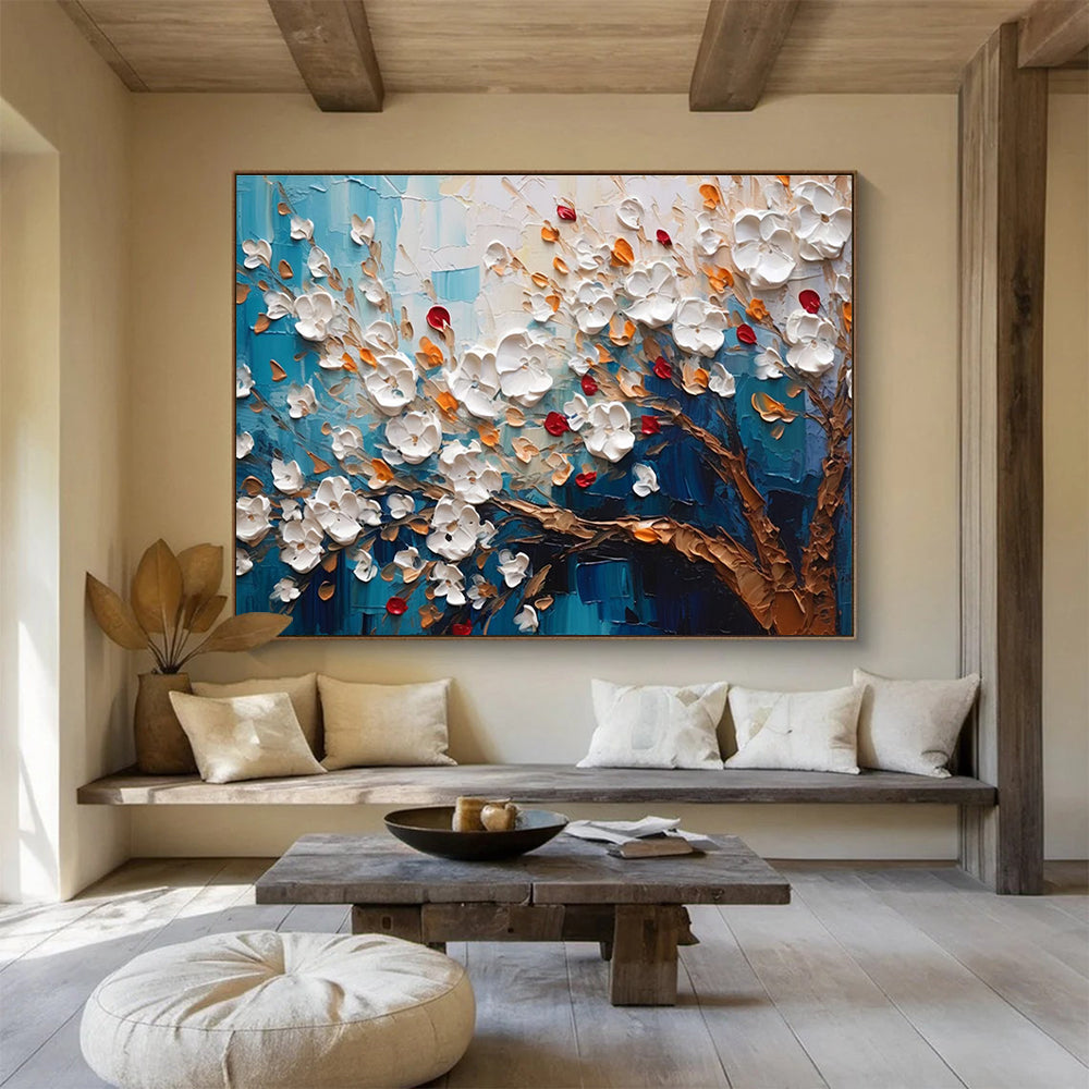 “White Flowers on Blue” - Impasto Oil Painting On Canvas DKS888
