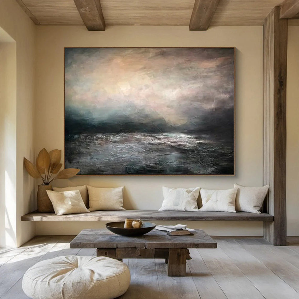 “Moody Gray Seascape” - Gray, Black & White Seascape, Impressionistic Oil Painting On Canvas DKS769