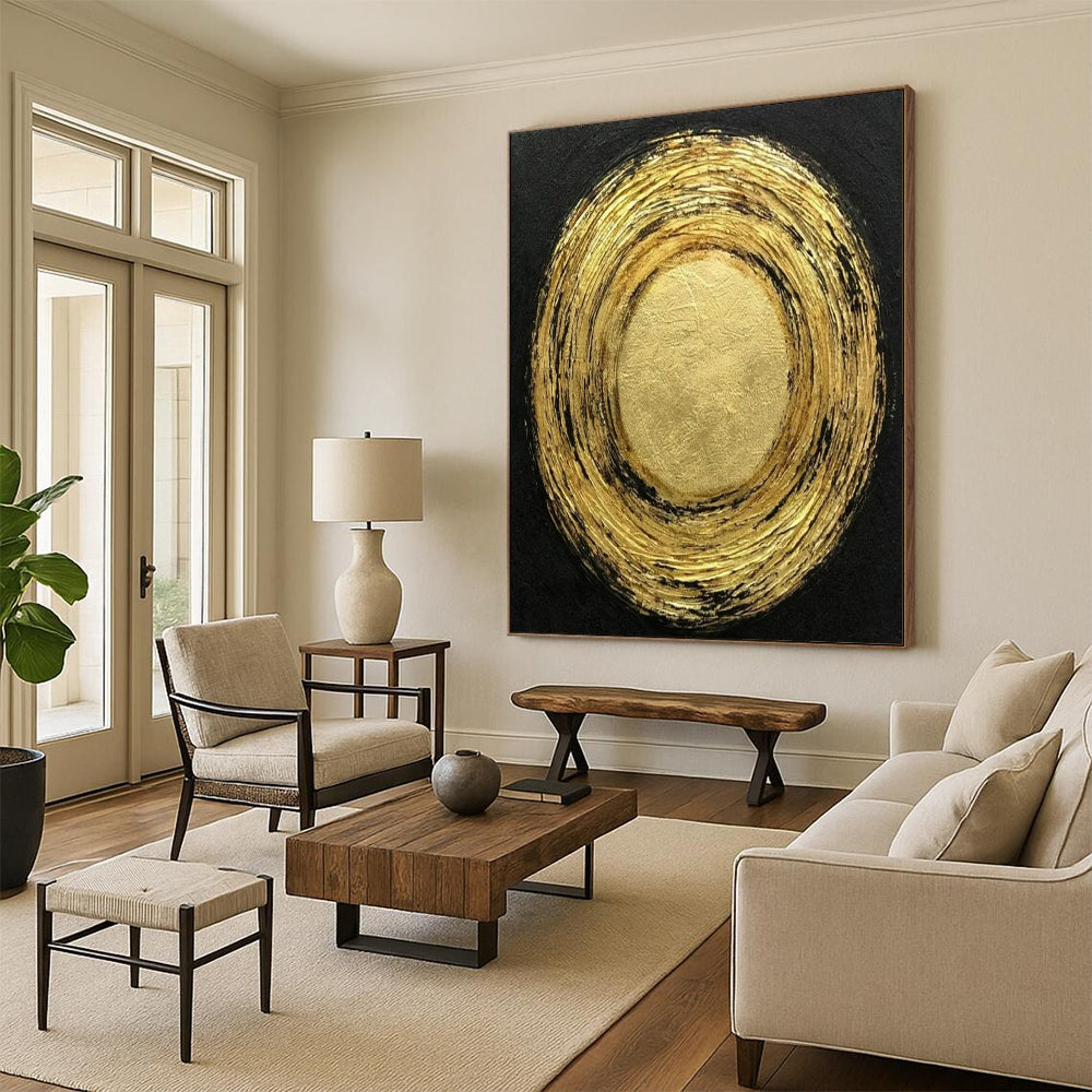 “Gold - Black Circular” - Abstract Minimalist Painting On Canvas PT2330