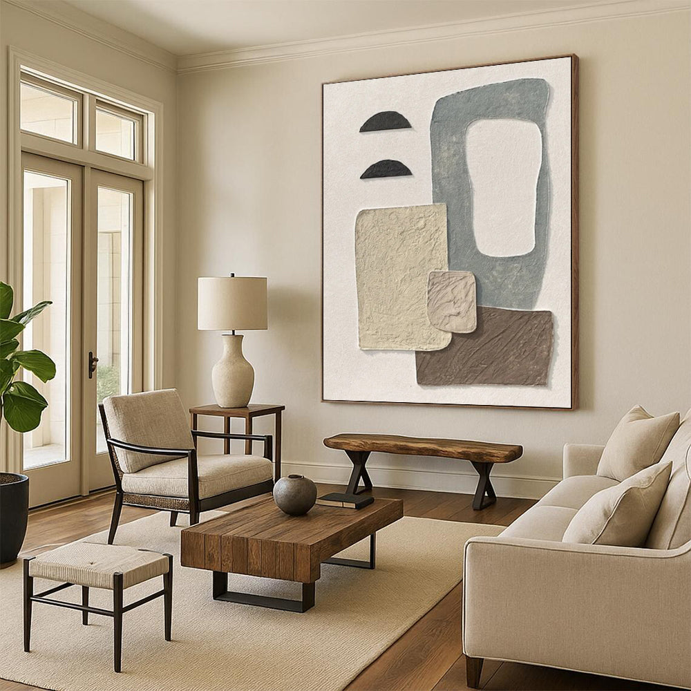 “Beige - Grey Textured Collage” - Mixed - Media Abstract Painting On Canvas PT1135