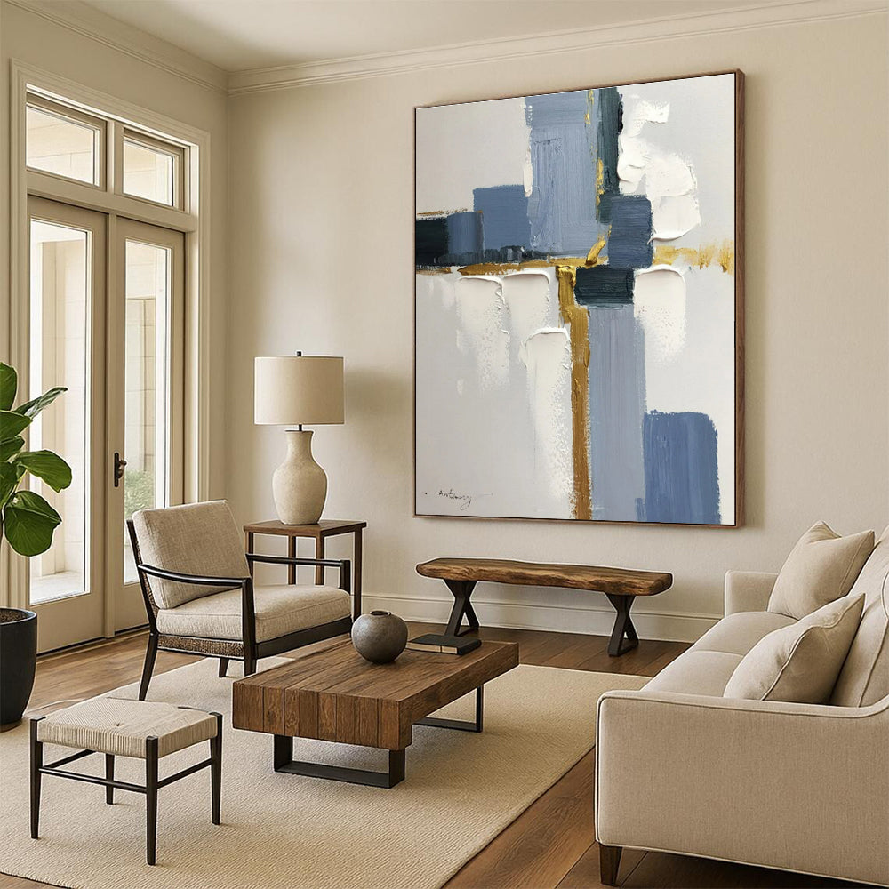 Blue, Gray, Gold Geometric Harmony “Elegant Intersection” - Painting On Canvas PS0805