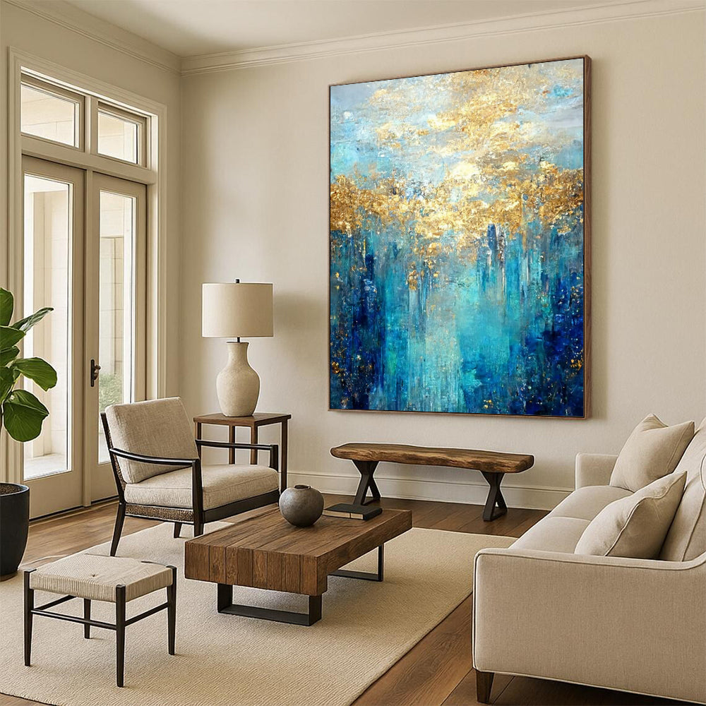 Blue - Gold Abstract Forest Textured Painting On Canvas DS065