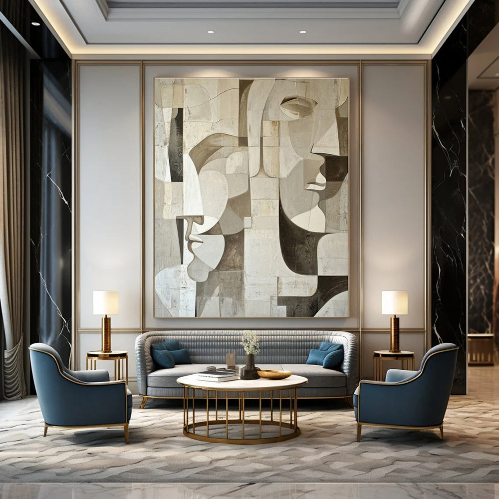Beige, Gray with Geometric Faces "Cubist Masks" Abstract Painting On Canvas PS1388