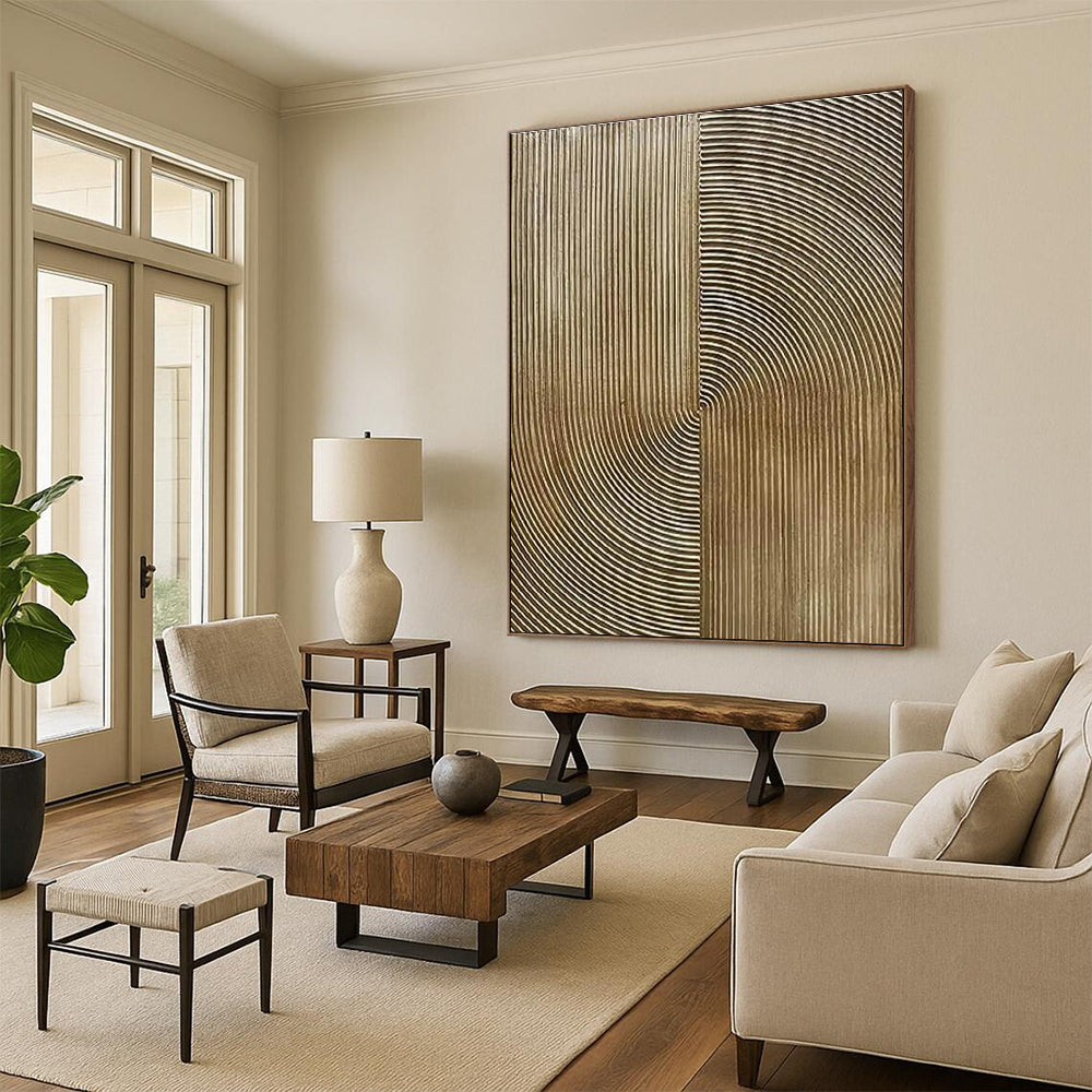 Golden Curved Lines, "Ripple Harmony" – Minimalist Abstract Painting On Canvas PS0885