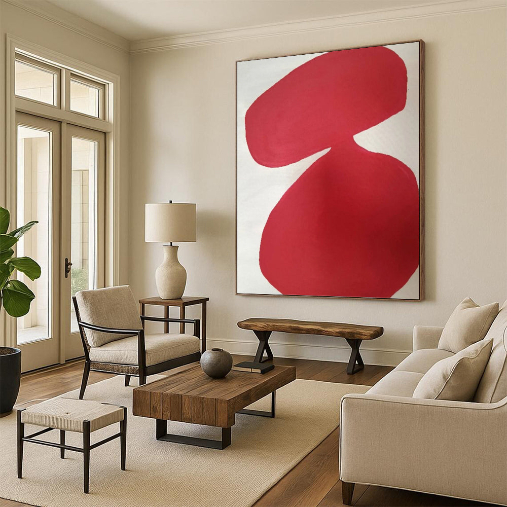 “Crimson Curved Forms on White” - Fluid Shapes Abstract Painting On Canvas PT1079