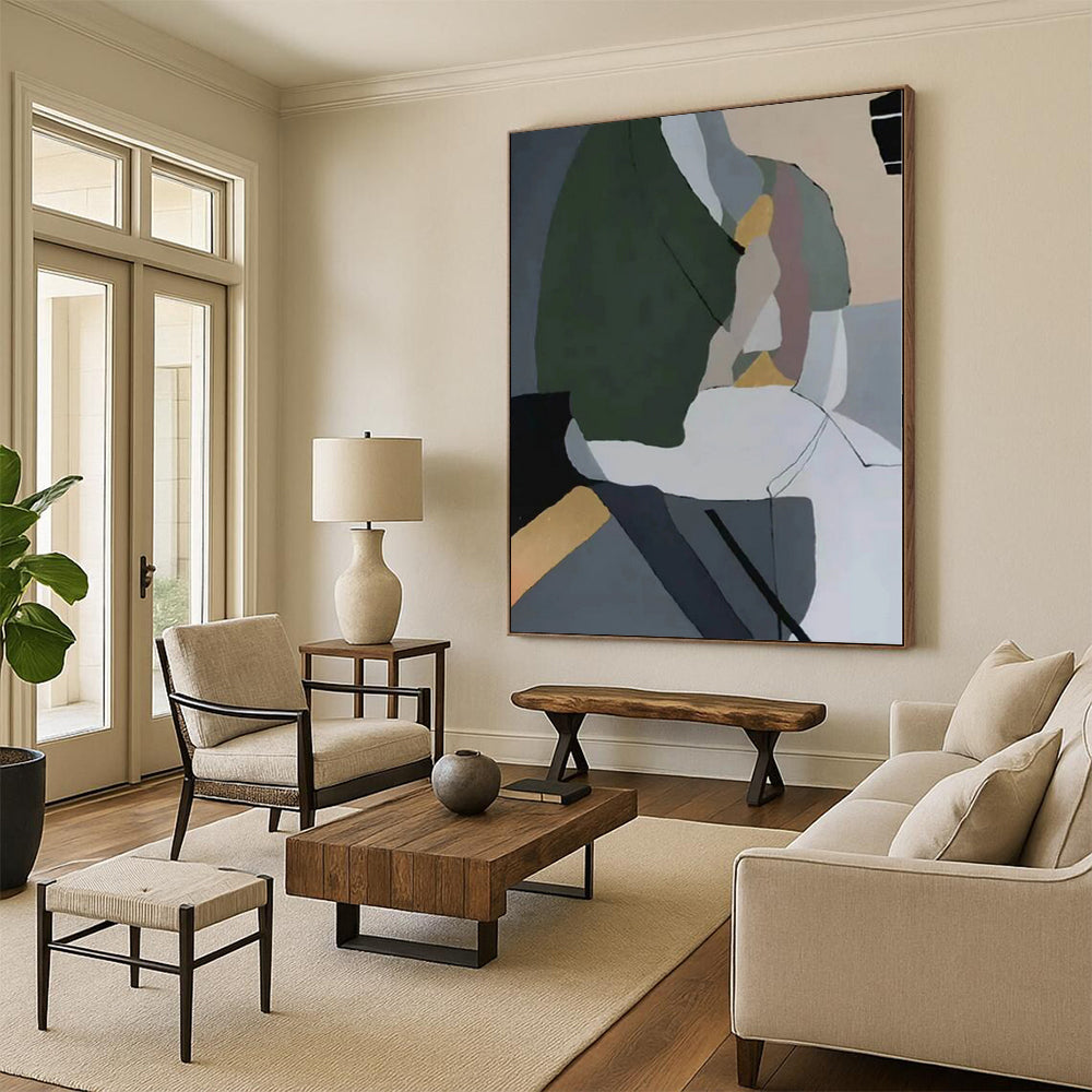 “Green - Grey - White Abstract Geometric Forms” - Subtle Abstract Painting On Canvas PS0350