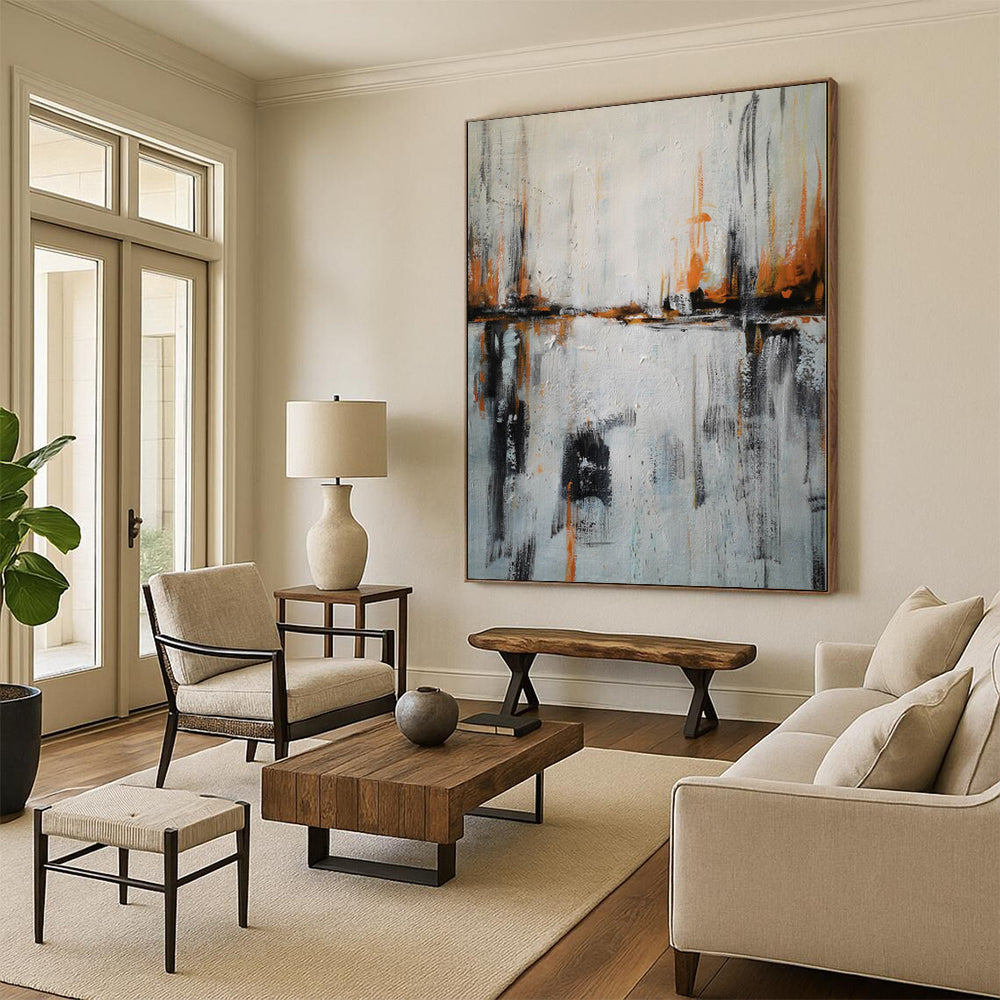 “Orange Reflection” - Gray, Orange Abstract River Scene Painting On Canvas PS0384