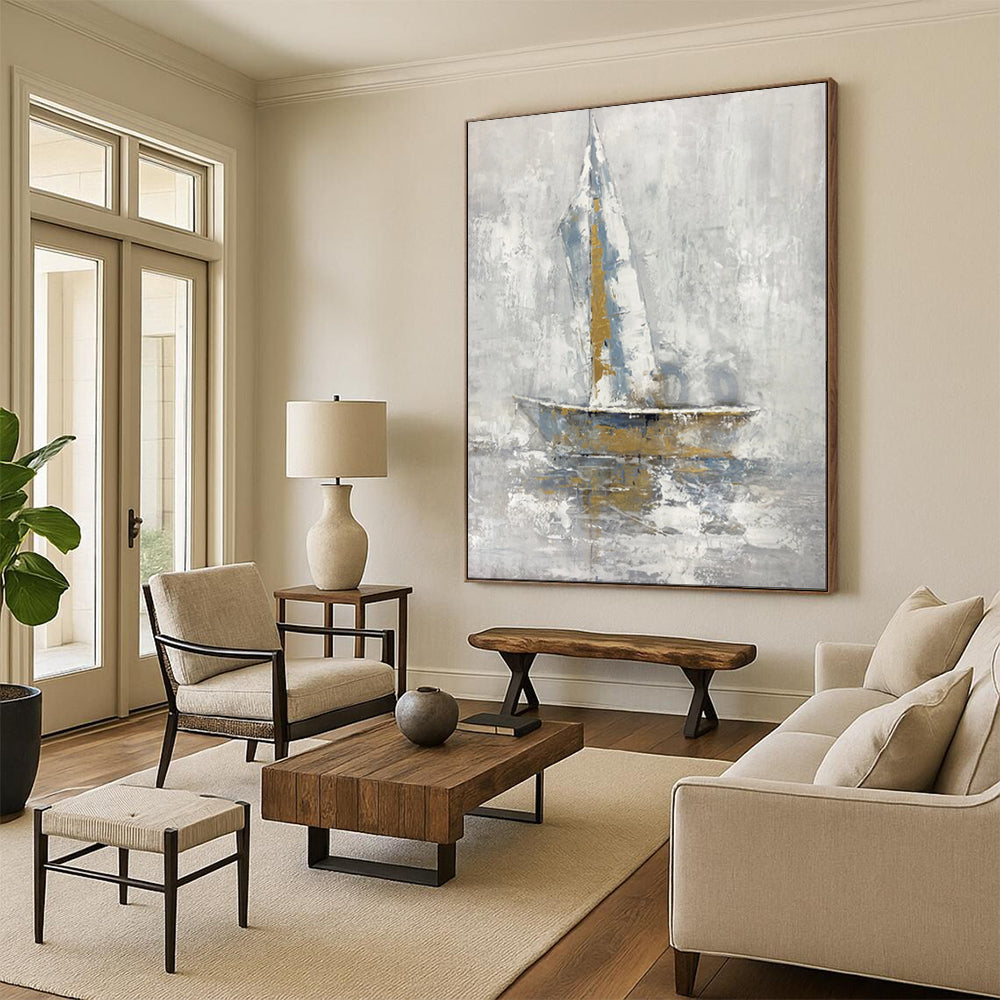 “Sailboat in Gray - Blue Abstract” - Nautical Abstract Painting On Canvas PT1957