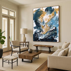“Blue, Gold & White Abstract Splash” - Dynamic Colors with Energetic Marks Painting On Canvas DS234