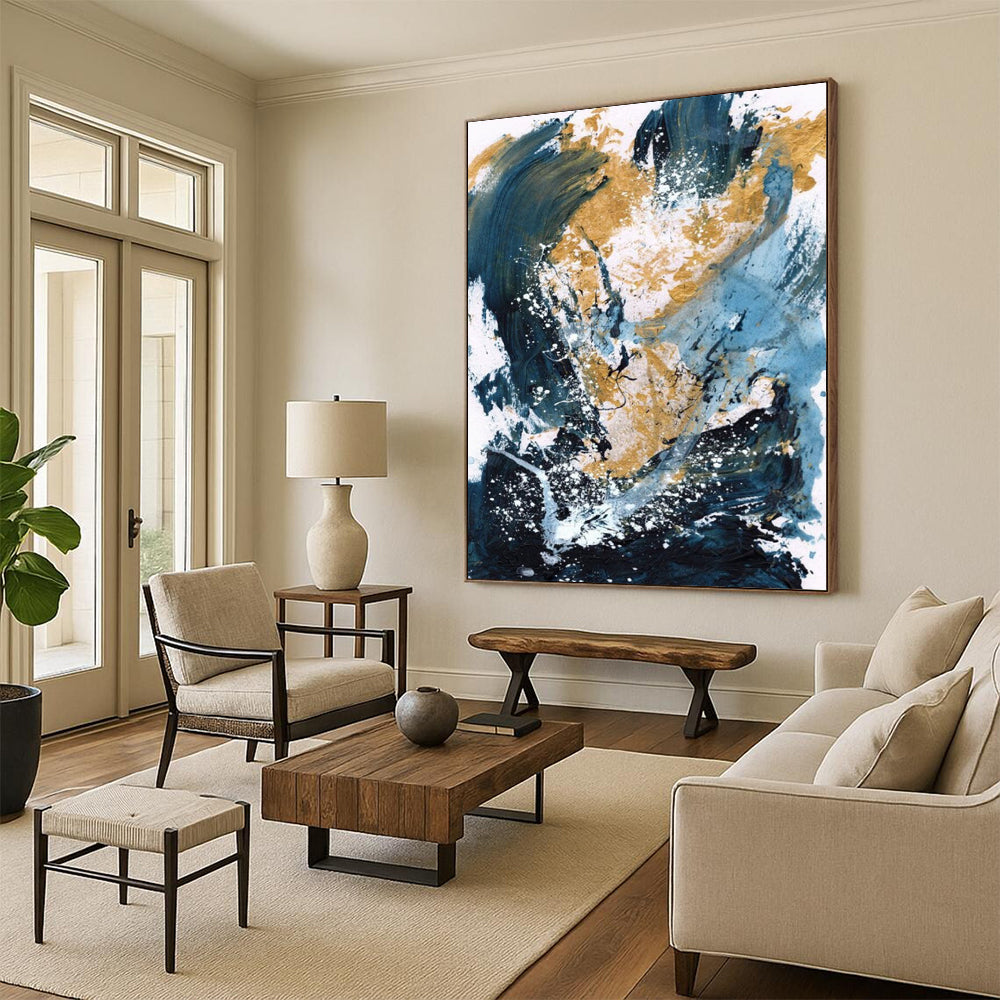 “Blue, Gold & White Abstract Splash” - Dynamic Colors with Energetic Marks Painting On Canvas DS234