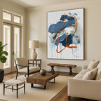 “Blue - Orange Expressive Drips” - Blue, Orange, Gray, White Abstract Painting On Canvas PS0507